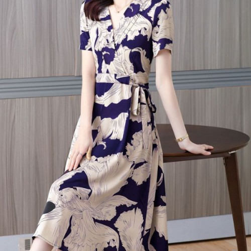 Women Short Sleeves V-neck Floral A-line Skirt High Waist Mid-length Dress - Blue |image