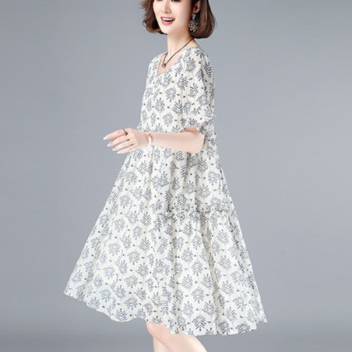 Elegant Loose Pullover Trumpet Sleeve Round Neck Floral Midi Dress - White |image