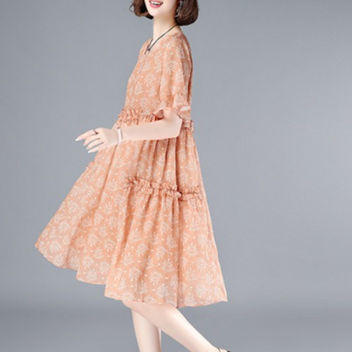Elegant Loose Pullover Trumpet Sleeve Round Neck Floral Midi Dress - Pink |image