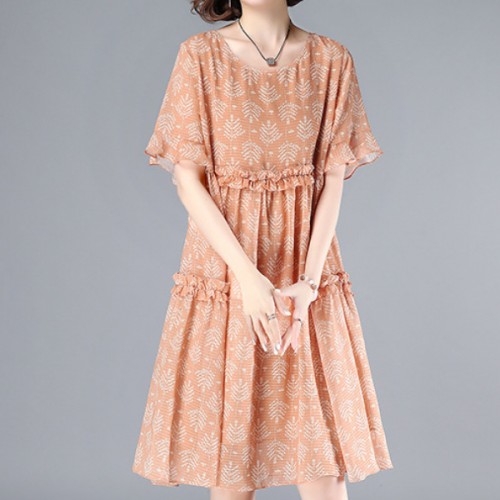 Elegant Loose Pullover Trumpet Sleeve Round Neck Floral Midi Dress - Pink |image