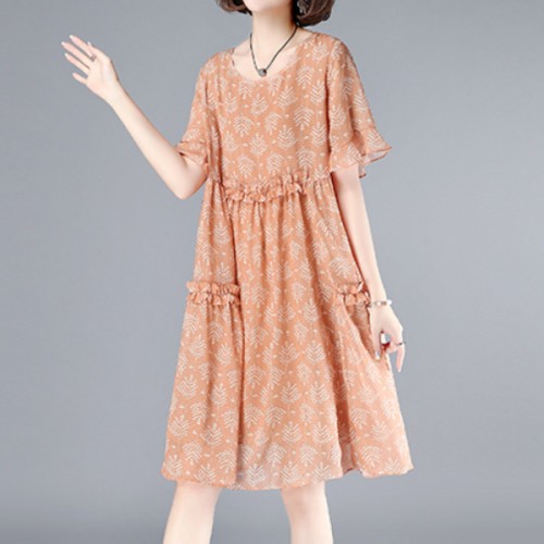 Elegant Loose Pullover Trumpet Sleeve Round Neck Floral Midi Dress - Pink |image