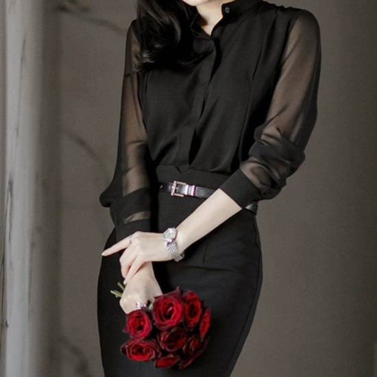 Casual See Through Blouse Long Sleeve Transparent Women Tops - Black |image