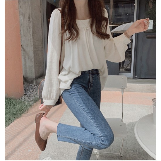 Leisure Style Square Collar Spaghetti Long Puff Sleeves Blouse Women Top - White |image
