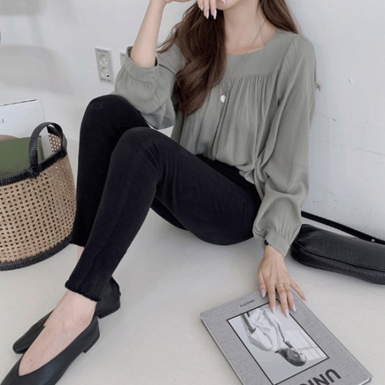 Leisure Style Square Collar Spaghetti Long Puff Sleeves Blouse Women Top - Grey |image