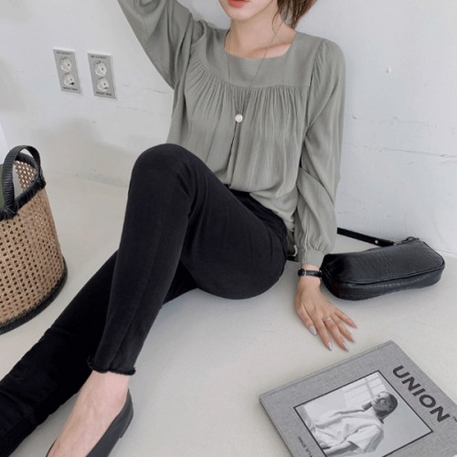 Leisure Style Square Collar Spaghetti Long Puff Sleeves Blouse Women Top - Grey |image