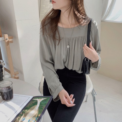 Leisure Style Square Collar Spaghetti Long Puff Sleeves Blouse Women Top - Grey |image