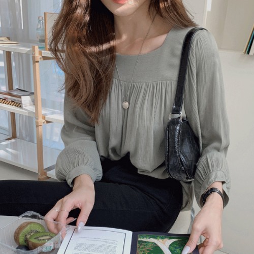 Leisure Style Square Collar Spaghetti Long Puff Sleeves Blouse Women Top - Grey |image