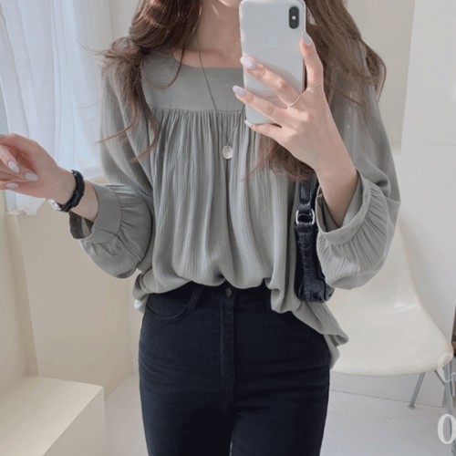Leisure Style Square Collar Spaghetti Long Puff Sleeves Blouse Women Top - Grey |image