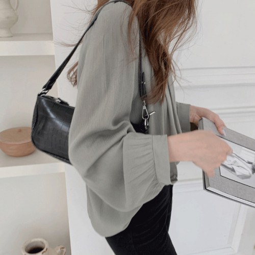 Leisure Style Square Collar Spaghetti Long Puff Sleeves Blouse Women Top - Grey |image
