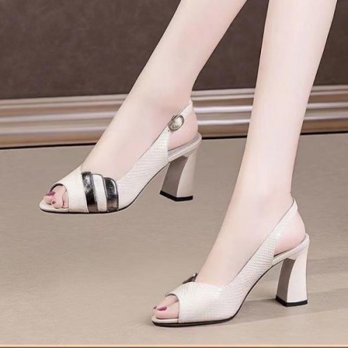 Fish Mouth Strap Design Buckle Closure Squire Heel Sandals - Cream |image