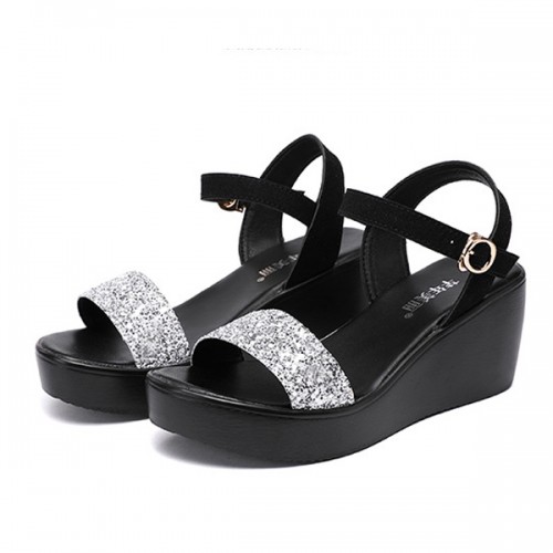 Wedge Ankle Buckle Strappy Open Toe Platform Sandals - Silver |image