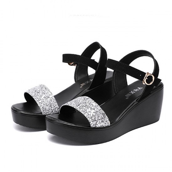 Wedge Ankle Buckle Strappy Open Toe Platform Sandals - Silver |image