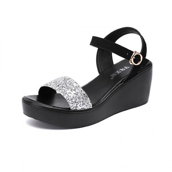 Wedge Ankle Buckle Strappy Open Toe Platform Sandals - Silver |image