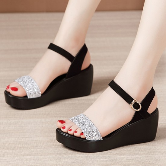 Wedge Ankle Buckle Strappy Open Toe Platform Sandals - Silver |image