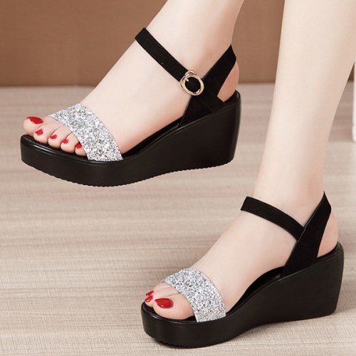 Wedge Ankle Buckle Strappy Open Toe Platform Sandals - Silver |image