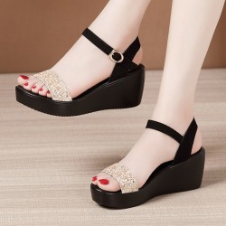 Wedge Ankle Buckle Strappy Open Toe Platform Sandals - Gold