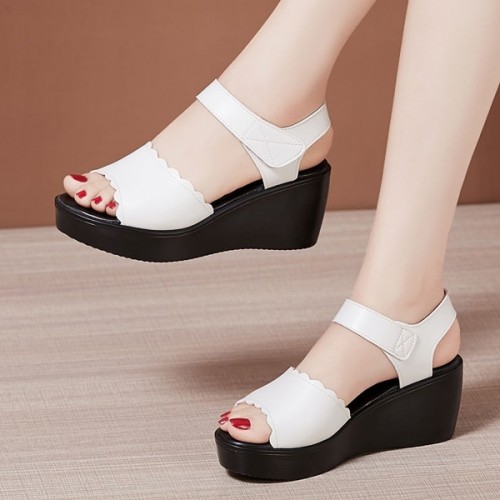 Platform Velcro Strappy Fish Mouth Women Wedge Sandals - White |image
