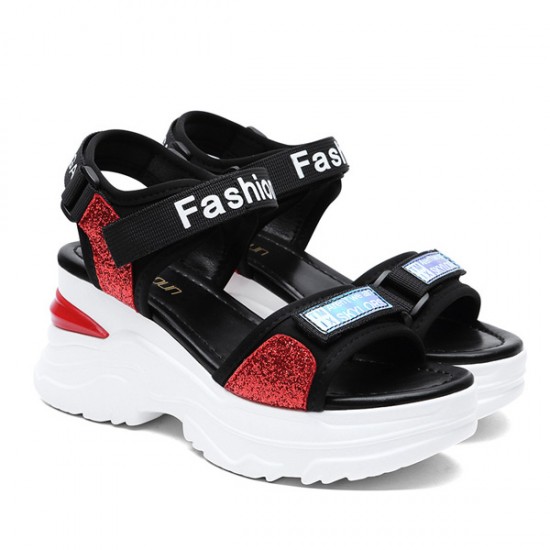 Platform Sponge Wedge Strappy Velcro Closure Sports Sandals - Red |image