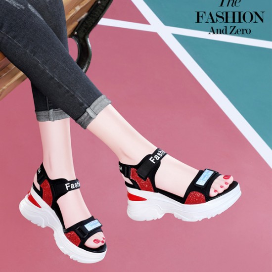 Platform Sponge Wedge Strappy Velcro Closure Sports Sandals - Red |image