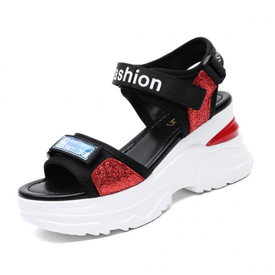 Platform Sponge Wedge Strappy Velcro Closure Sports Sandals - Red |image