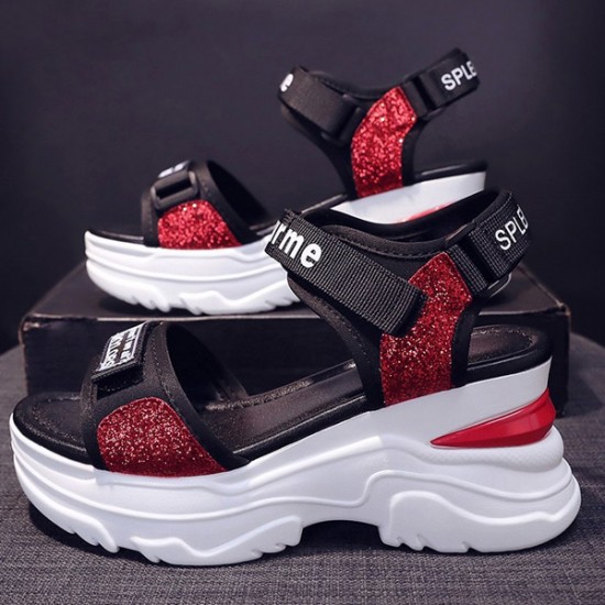 Platform Sponge Wedge Strappy Velcro Closure Sports Sandals - Red |image