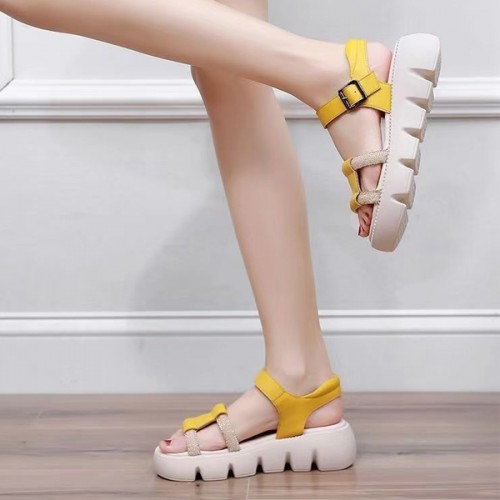 Platform Thick Soled Open Toe Sawtooth Buckle Closure Sandals - Yellow |image