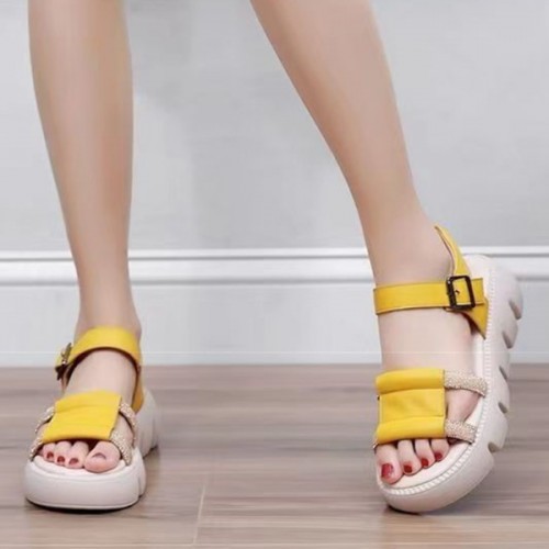 Platform Thick Soled Open Toe Sawtooth Buckle Closure Sandals - Yellow |image