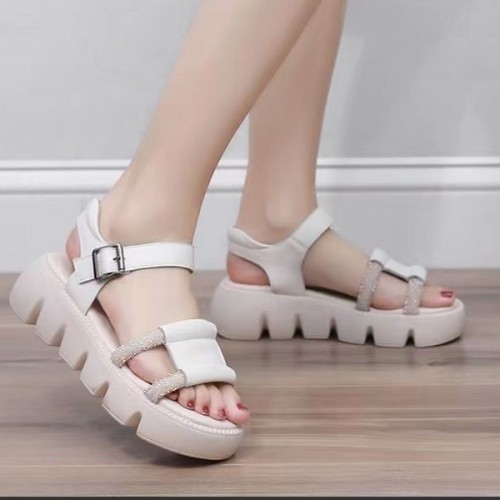 Platform Thick Soled Open Toe Sawtooth Buckle Closure Sandals - Cream |image
