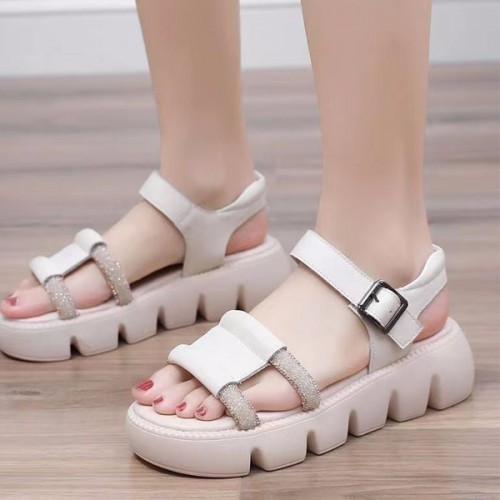 Platform Thick Soled Open Toe Sawtooth Buckle Closure Sandals - Cream |image
