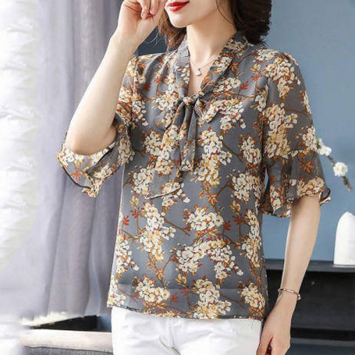 Leisure Fashion Floral Bow V-neck Flare Sleeve Blouse Women Shirt - Grey |image