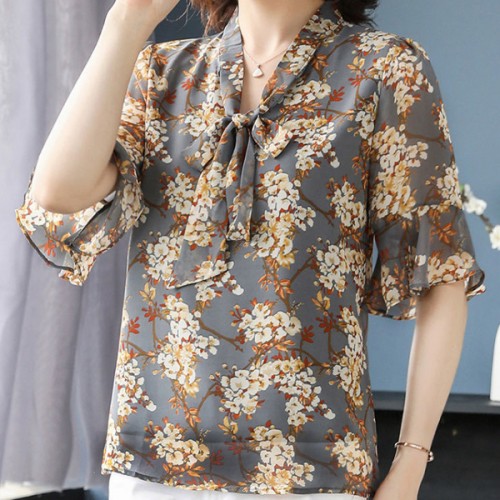 Leisure Fashion Floral Bow V-neck Flare Sleeve Blouse Women Shirt - Grey |image
