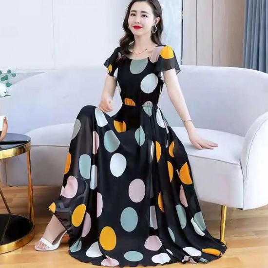 show image for Slim Fit Polka Dot Square Neck Short Sleeves Party Wear Maxi Long Dress - Black Slim Fit Polka Dot Square Neck Party Wear Maxi Long Dress - Black |image