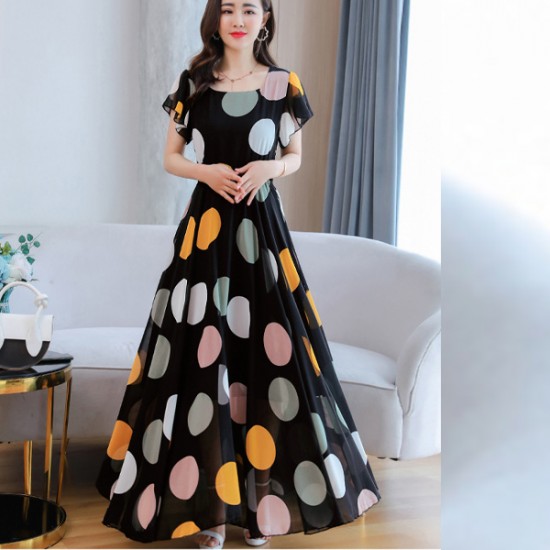 show image for Slim Fit Polka Dot Square Neck Short Sleeves Party Wear Maxi Long Dress - Black Slim Fit Polka Dot Square Neck Party Wear Maxi Long Dress - Black |image