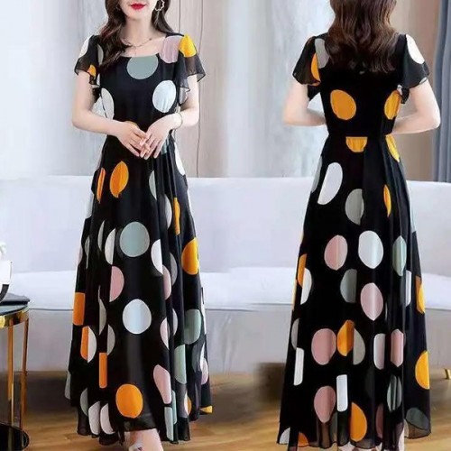 Slim Fit Polka Dot Square Neck Party Wear Maxi Long Dress - Black |image