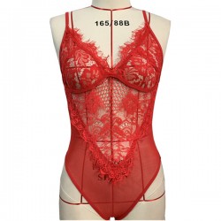 Garter Leotard Lace Hollow Lingerie Corset Backless Bodysuit - Red