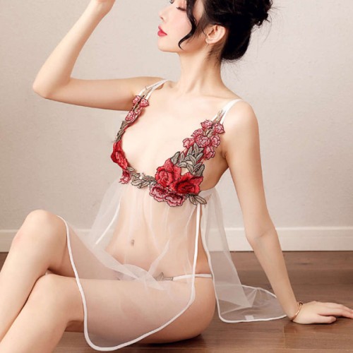 Lace Deep Floral V-neck See-through Sleepwear G-string Nightwear - White |image