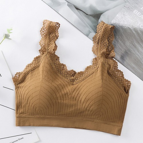 Fairy Style Beauty Back Camisole Lace Wrapped Sports Bra - Brown |image