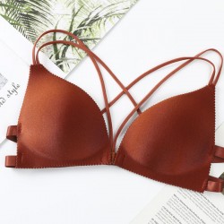 Back Cross One Piece Gathering Thin Sponge Pad Women Bra - Brown