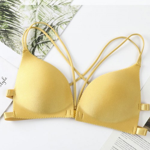 Back Cross One Piece Gathering Thin Sponge Pad Women Bra - Yellow |image