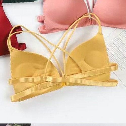 Back Cross One Piece Gathering Thin Sponge Pad Women Bra - Yellow |image