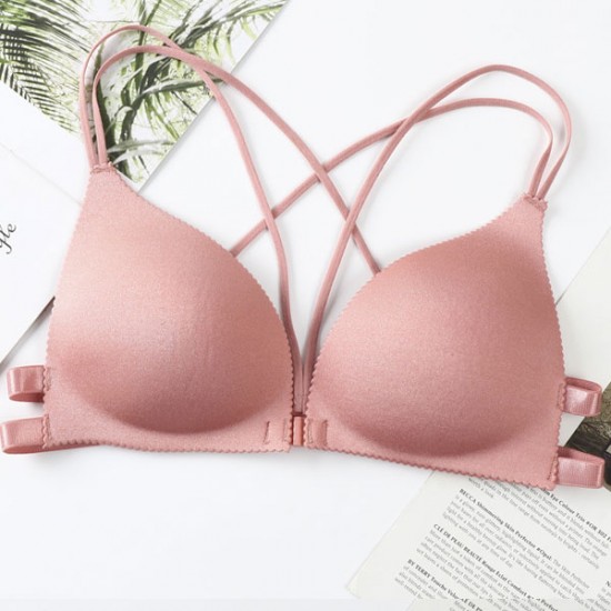 Back Cross One Piece Gathering Thin Sponge Pad Women Bra - Pink |image