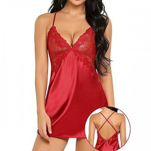 Cross Strap Lingerie Patchwork Nightdress Scalloped Satin Nightwear - Red |image