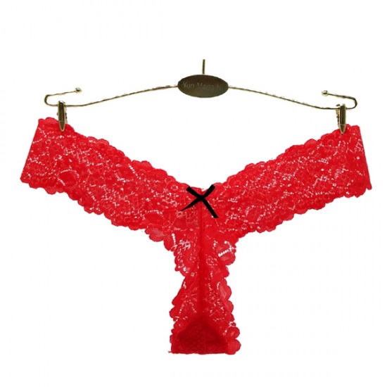 Fashionable Lace Floral Hollows Out Thong Panty Women's Underwear - Red |image