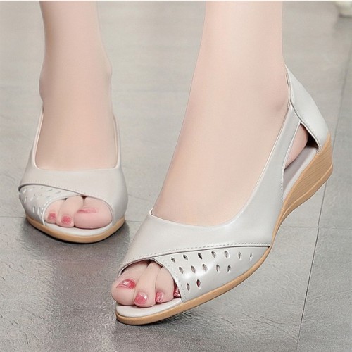 Roman Style Chunky Wedges Peep Toe Soft Sole Women Sandals - Beige |image