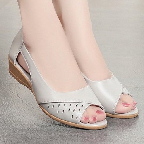 Roman Style Chunky Wedges Peep Toe Soft Sole Women Sandals - Beige |image