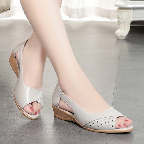 Roman Style Chunky Wedges Peep Toe Soft Sole Women Sandals - Beige |image