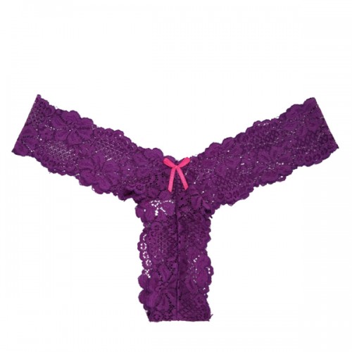 Fashionable Lace Floral Hollows Out Thong Panty Women's Underwear - Purple |image