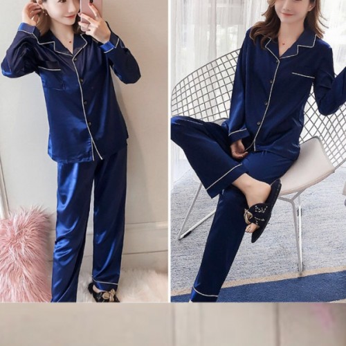 Plain Silk Pajama Long Sleeve Cardigan Lapel Collar Nightwear - Blue |image
