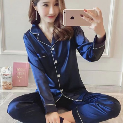 Plain Silk Pajama Long Sleeve Cardigan Lapel Collar Nightwear - Blue |image