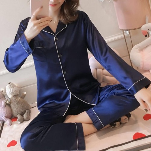 Plain Silk Pajama Long Sleeve Cardigan Lapel Collar Nightwear - Blue |image